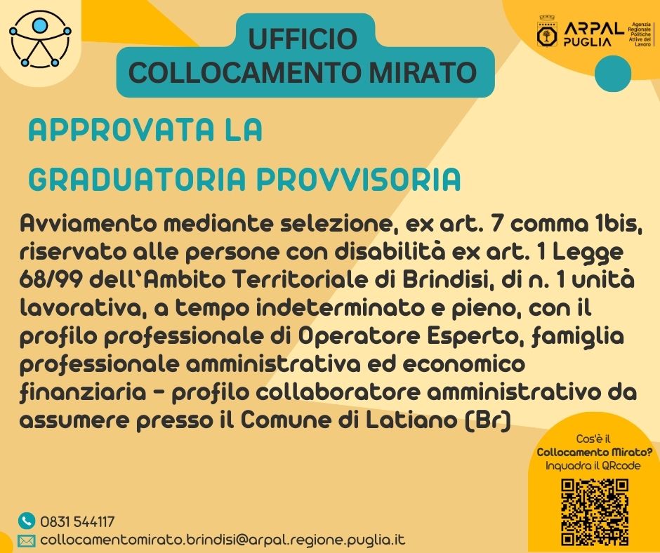 Approvazione graduatex art. 7 comma 1bis, riservato alle persone con disabilità ex art. 1 Legge 68/99 dell’Ambito Territoriale di Brindisi, di n. 1 unità lavorativa, a tempo indeterminato e pieno, con il profilo professionale di Operatore Esperto, famiglia professionale amministrativa ed economico finanziaria – profilo collaboratore amministrativo presso il Comune di Latiano (Br)